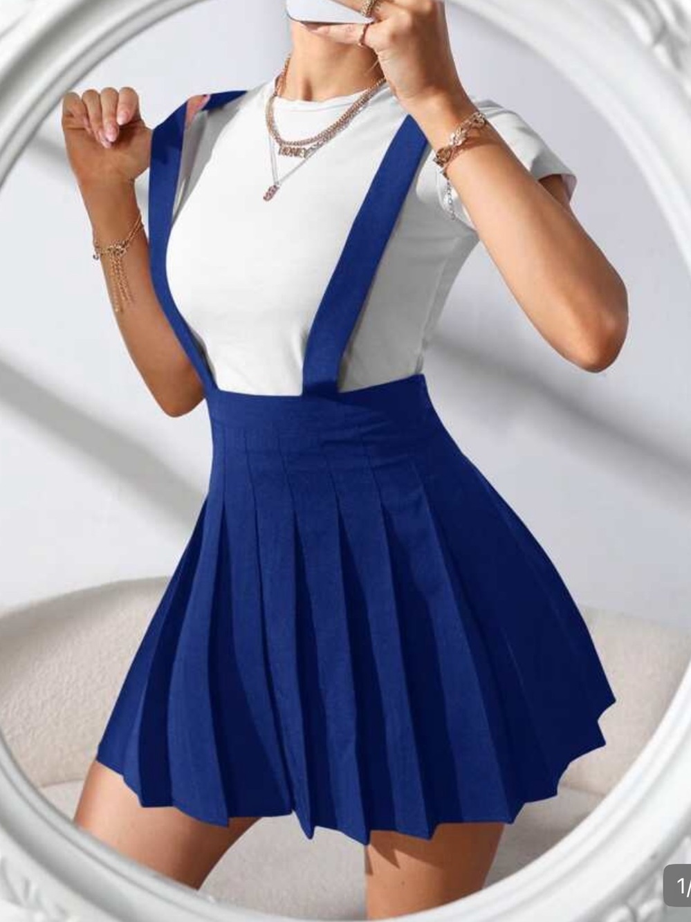 Royal Blue Pleated Suspender Skirt